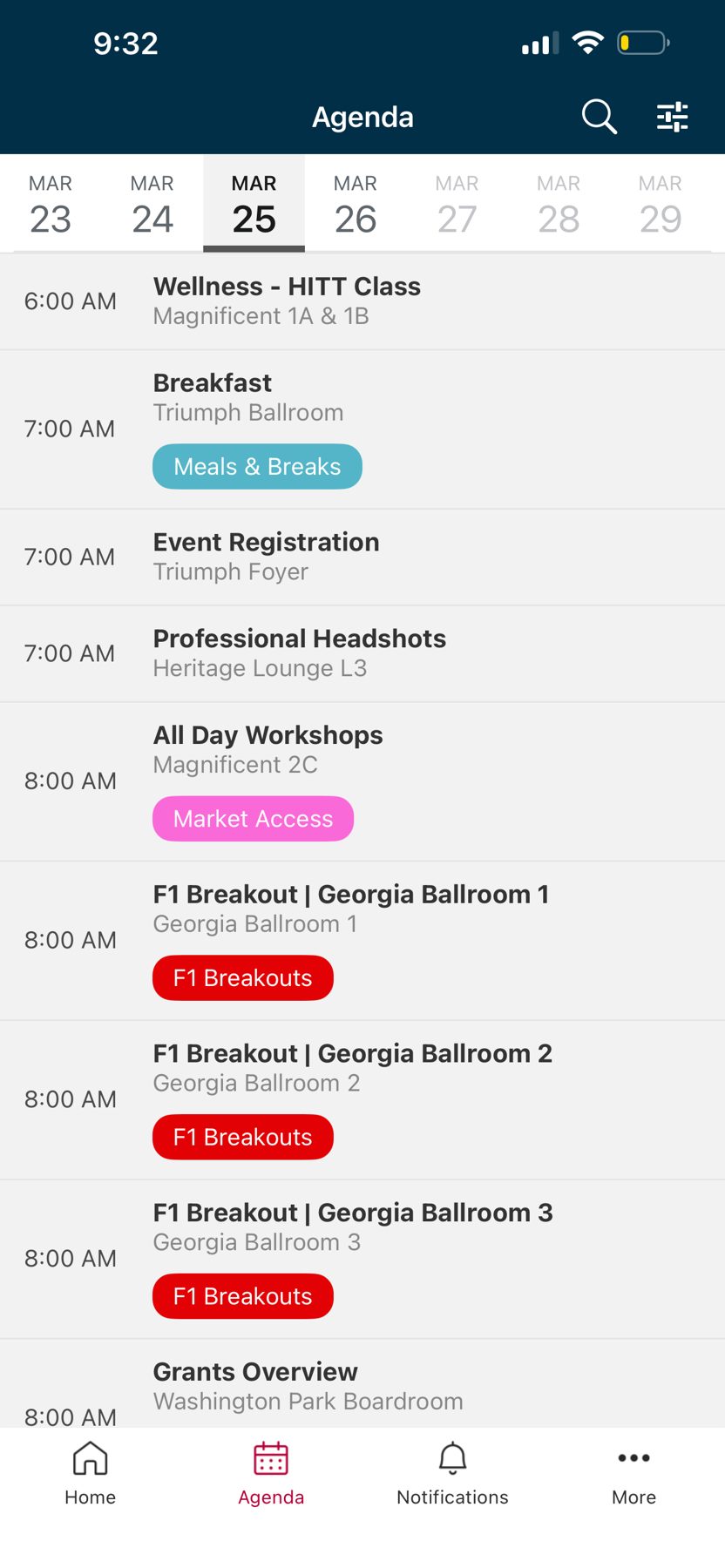 Event app agenda screen for the National Sales Meeting