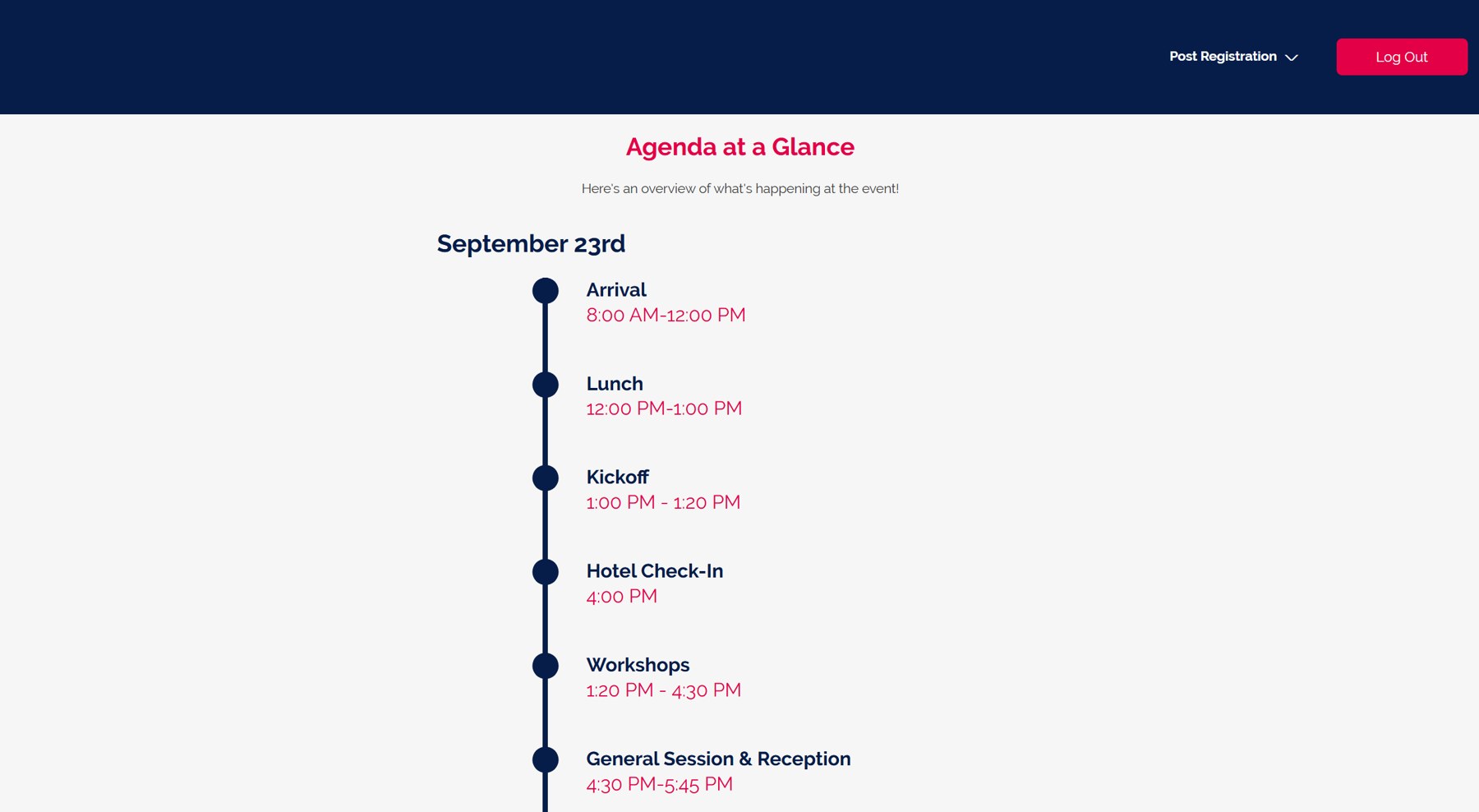 Cvent registration site showing an Agenda at a Glance timeline